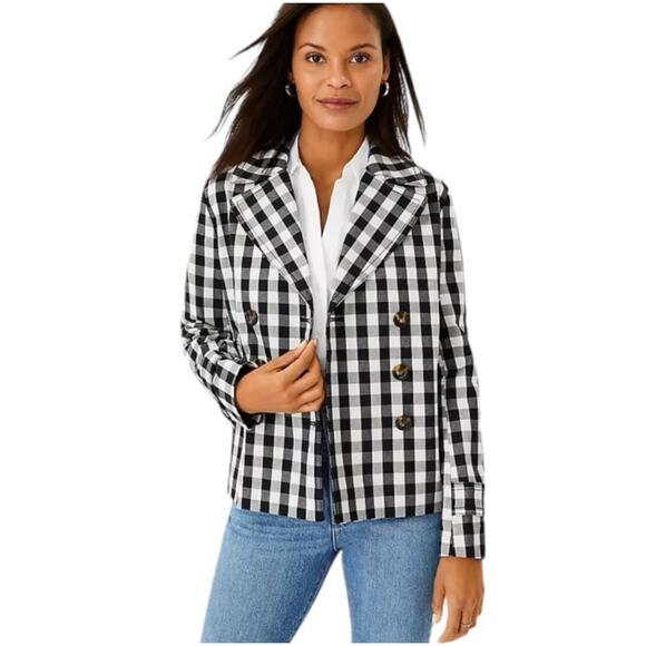 Ann Taylor Jacket Women's Size Small B&W Gingham Double-Breasted Buffalo Check - Picture 1 of 16